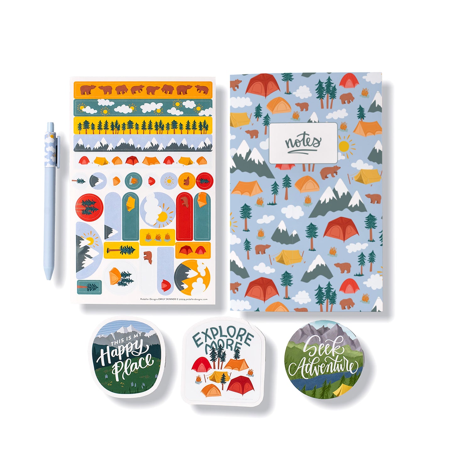 Stationery gift set for campers that includes a notebook and gel pen, planner stickers and 3 mountain themed vinyl stickers. Comes in a mail friendly gift box.