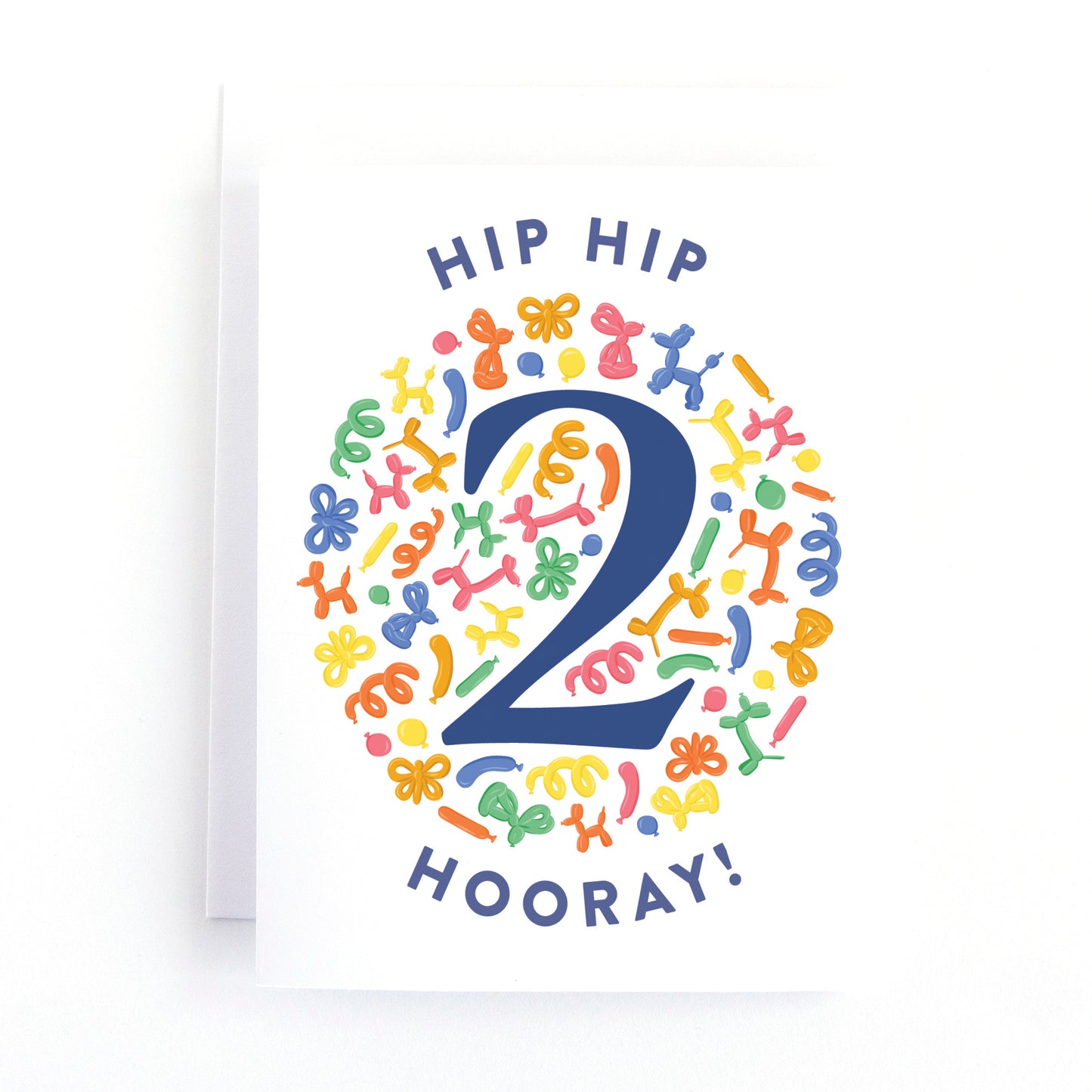 Second birthday card for kids with playful balloon animal illustrations surrounding the number 2.
