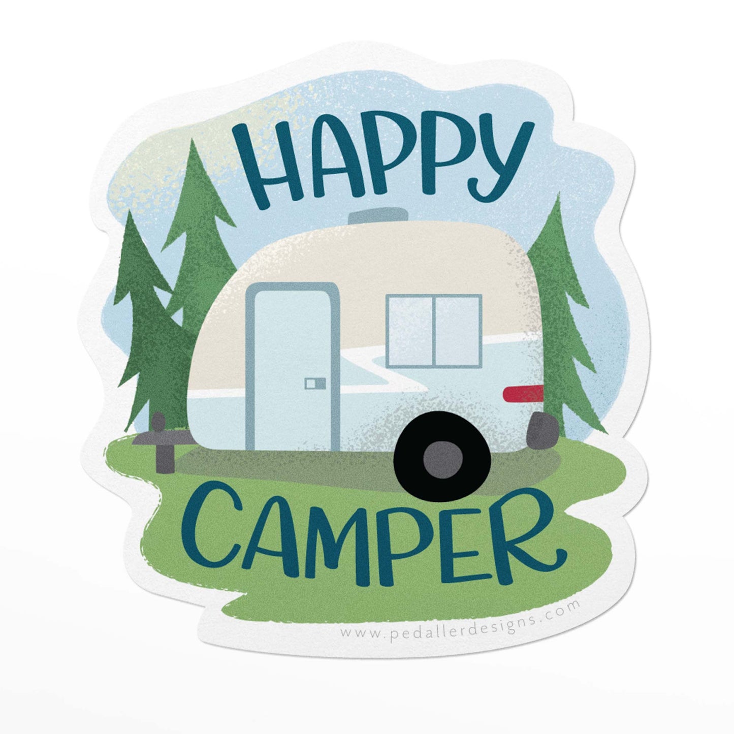 Durable Camping Vinyl Sticker with a trailer in the woods and the text happy camper