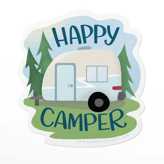 Durable Camping Vinyl Sticker with a trailer in the woods and the text happy camper