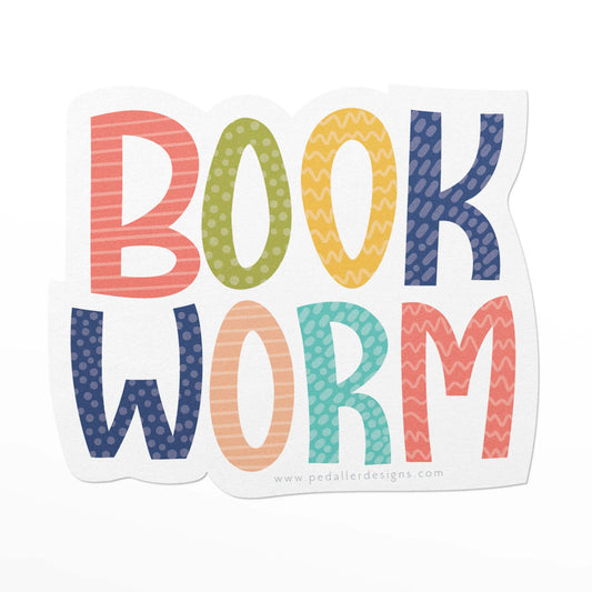 Vinyl sticker that says BOOK WORM in colourful letters.
