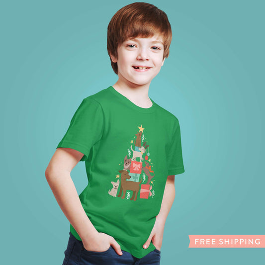 Kid's Dog Christmas Tree T-Shirt - Green
