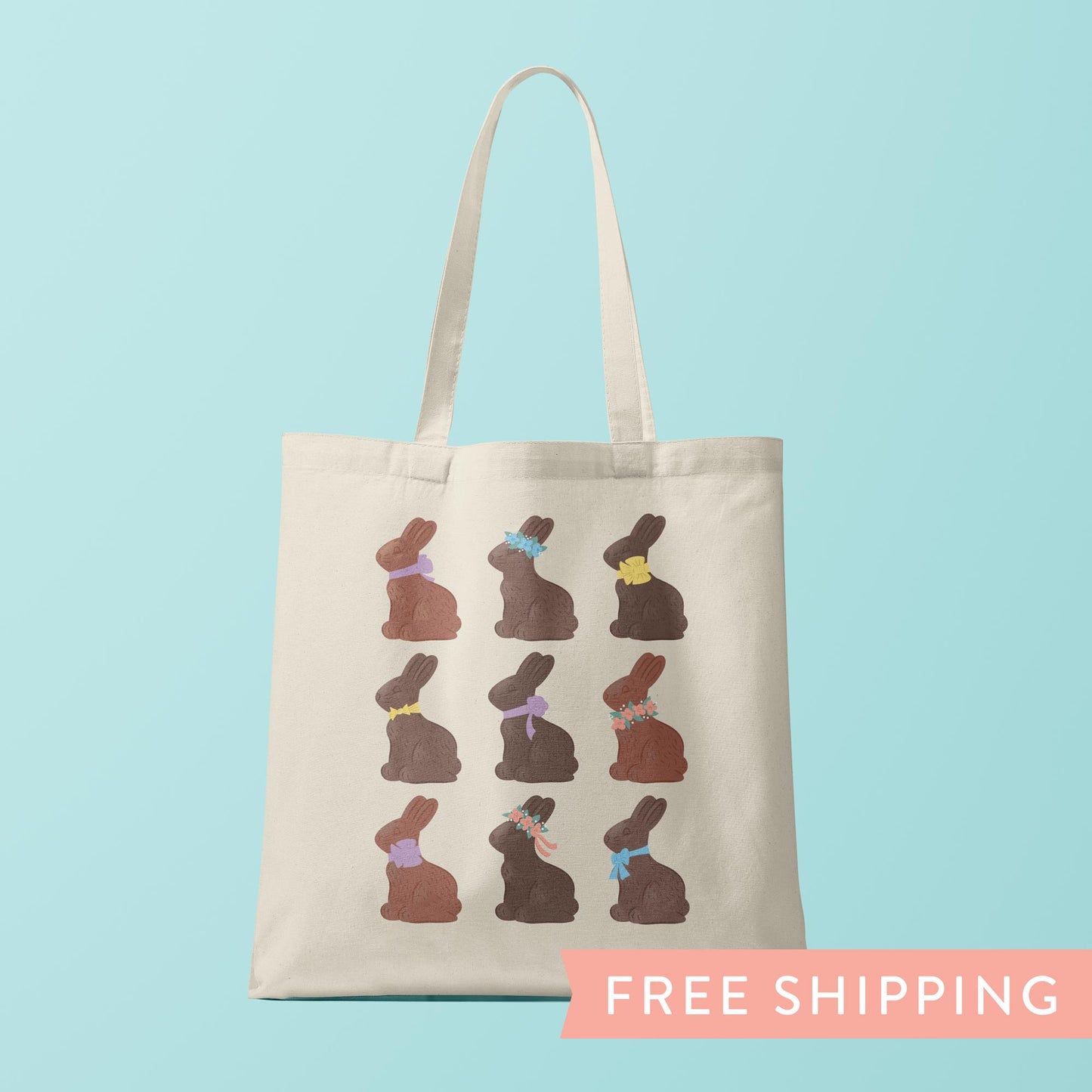 Canvas tote bag with illustrations of chocolate easter bunnies.