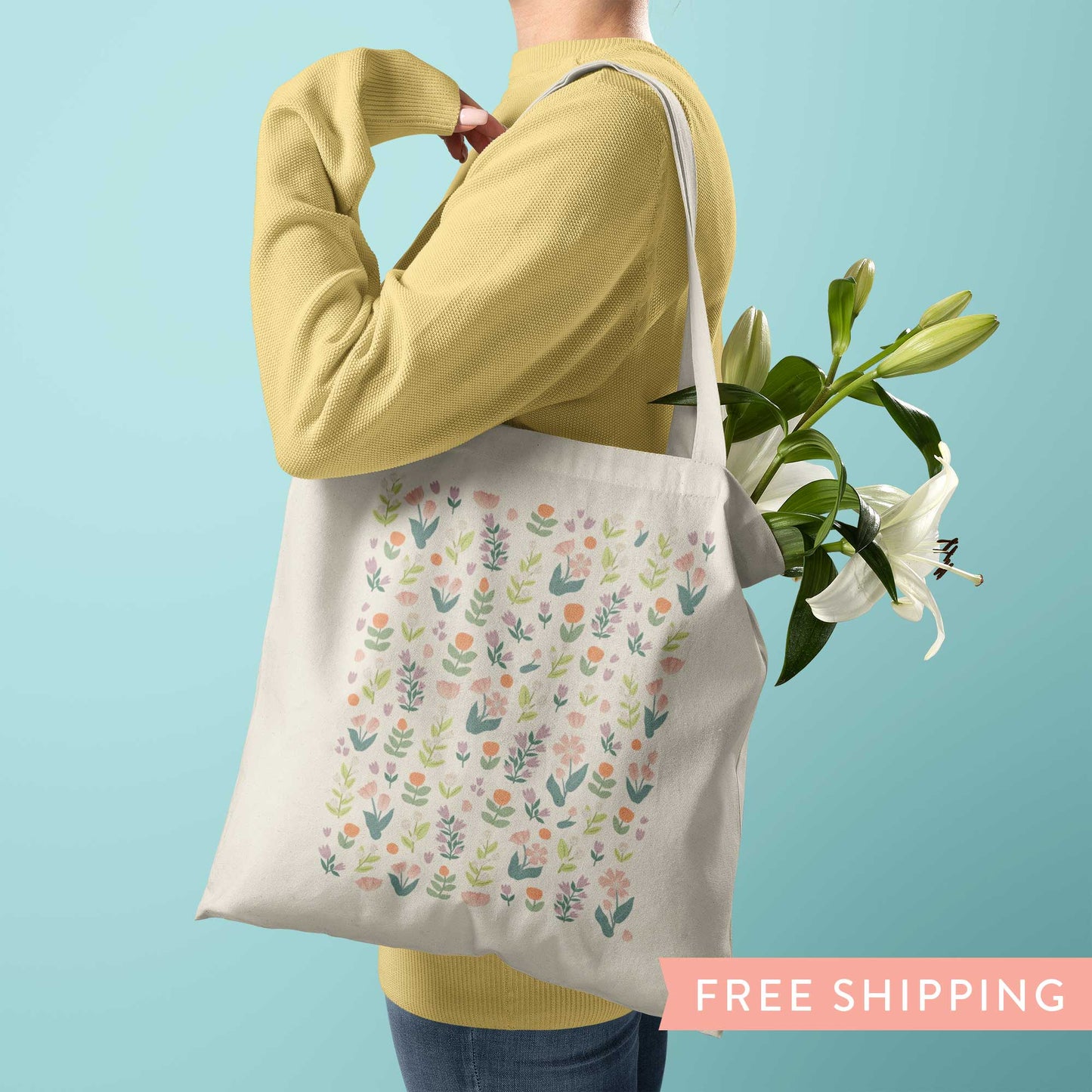 Canvas tote bag with spring flower illustrations.