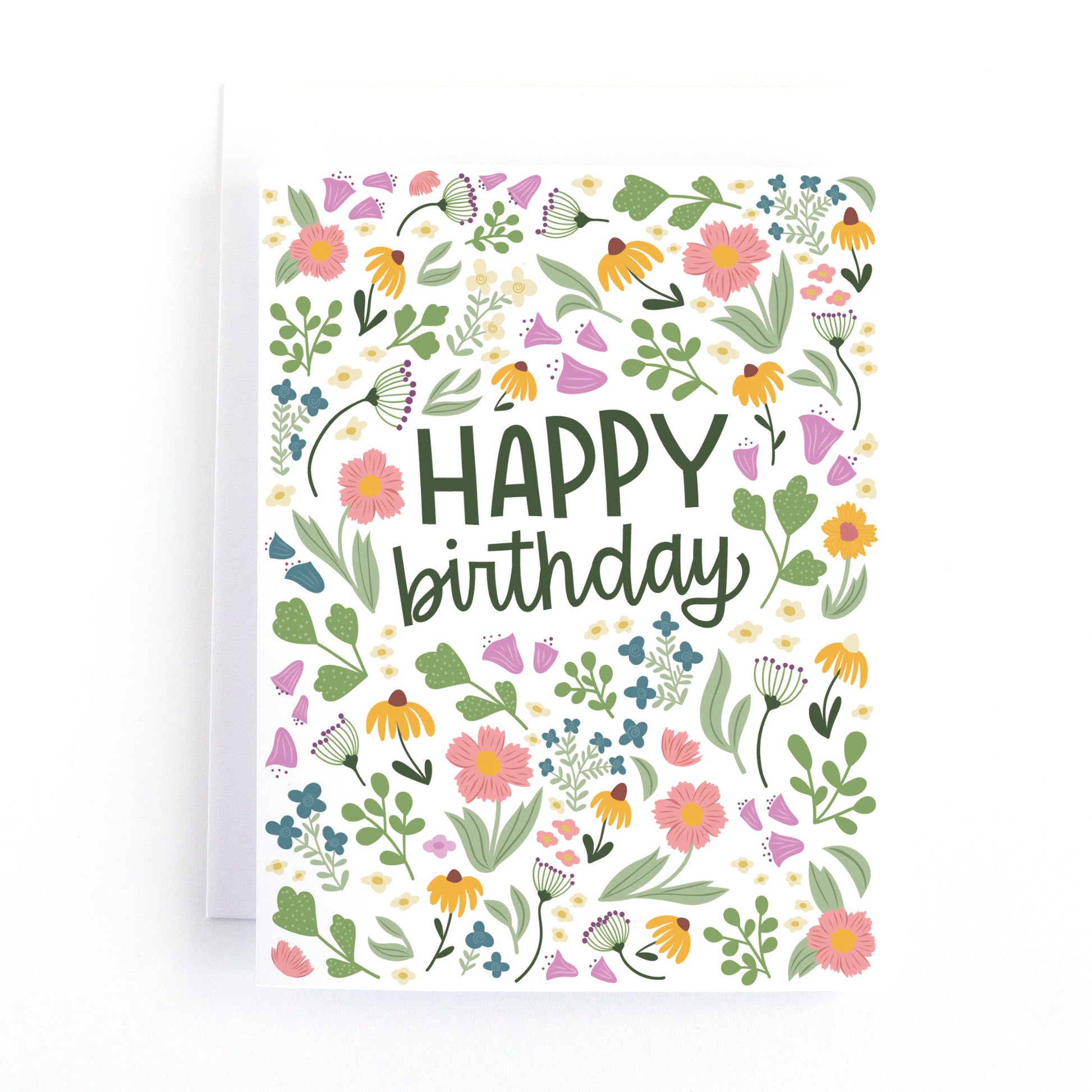 Floral themed Birthday card with a seek and find activity. The dark green words, "happy birthday" are surrounded by pink, yellow, blue and white flowers.