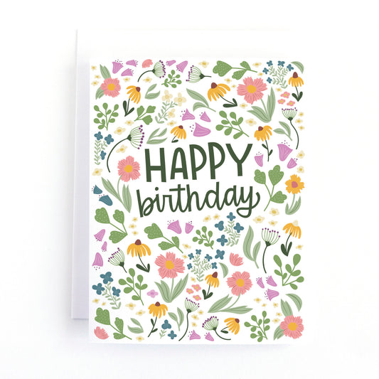 Floral themed Birthday card with a seek and find activity. The dark green words, "happy birthday" are surrounded by pink, yellow, blue and white flowers.