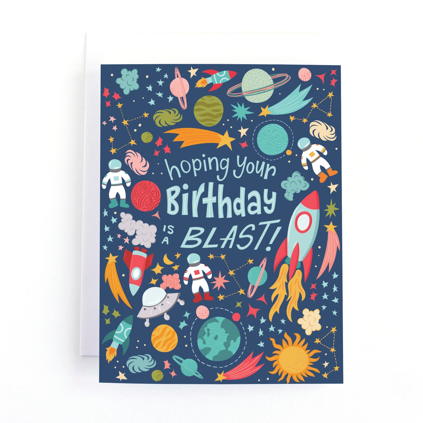 Space themed kids birthday card with an eye spy activity.