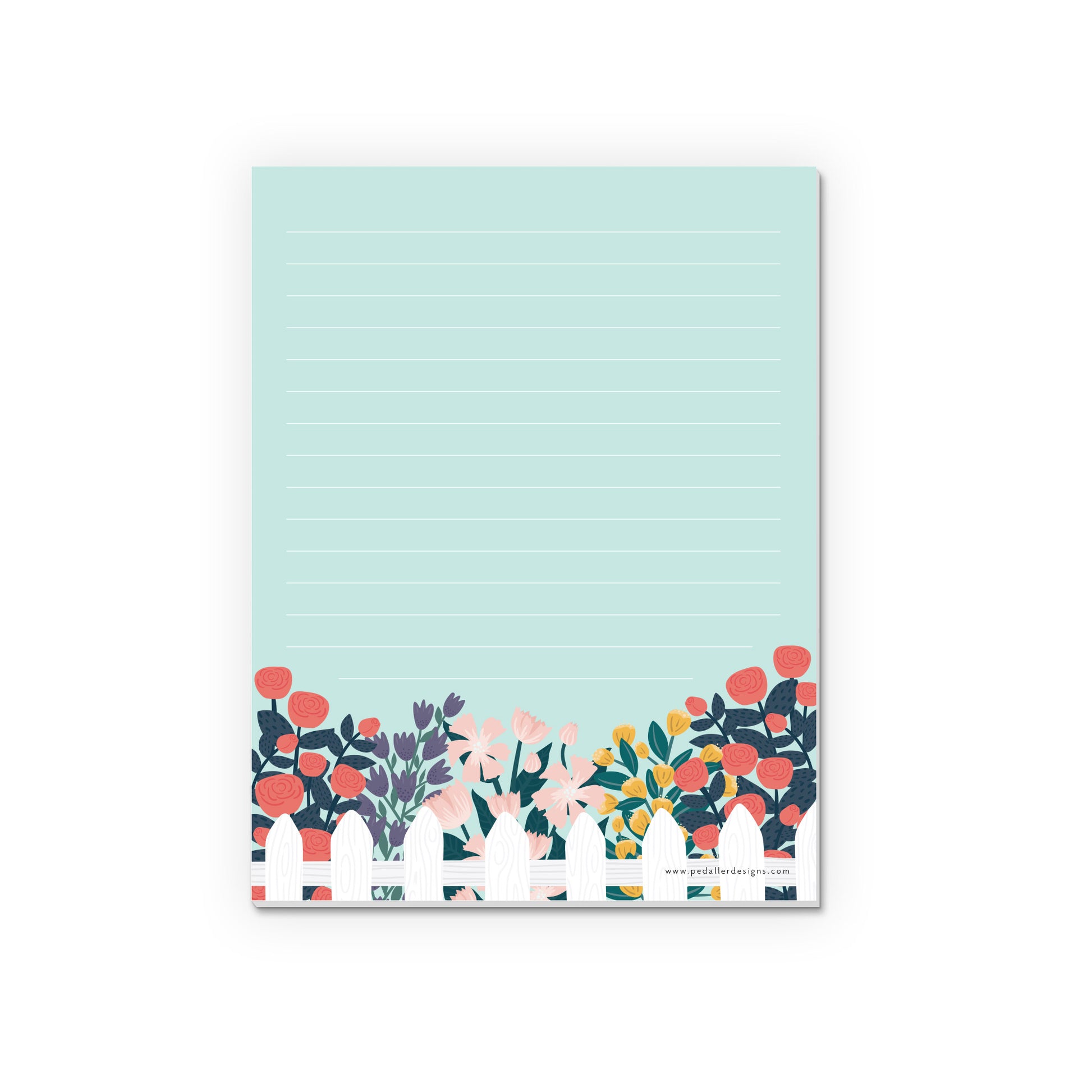 mini Floral to do list notepad with a white picket fence bordered by different varieties of flowers.
