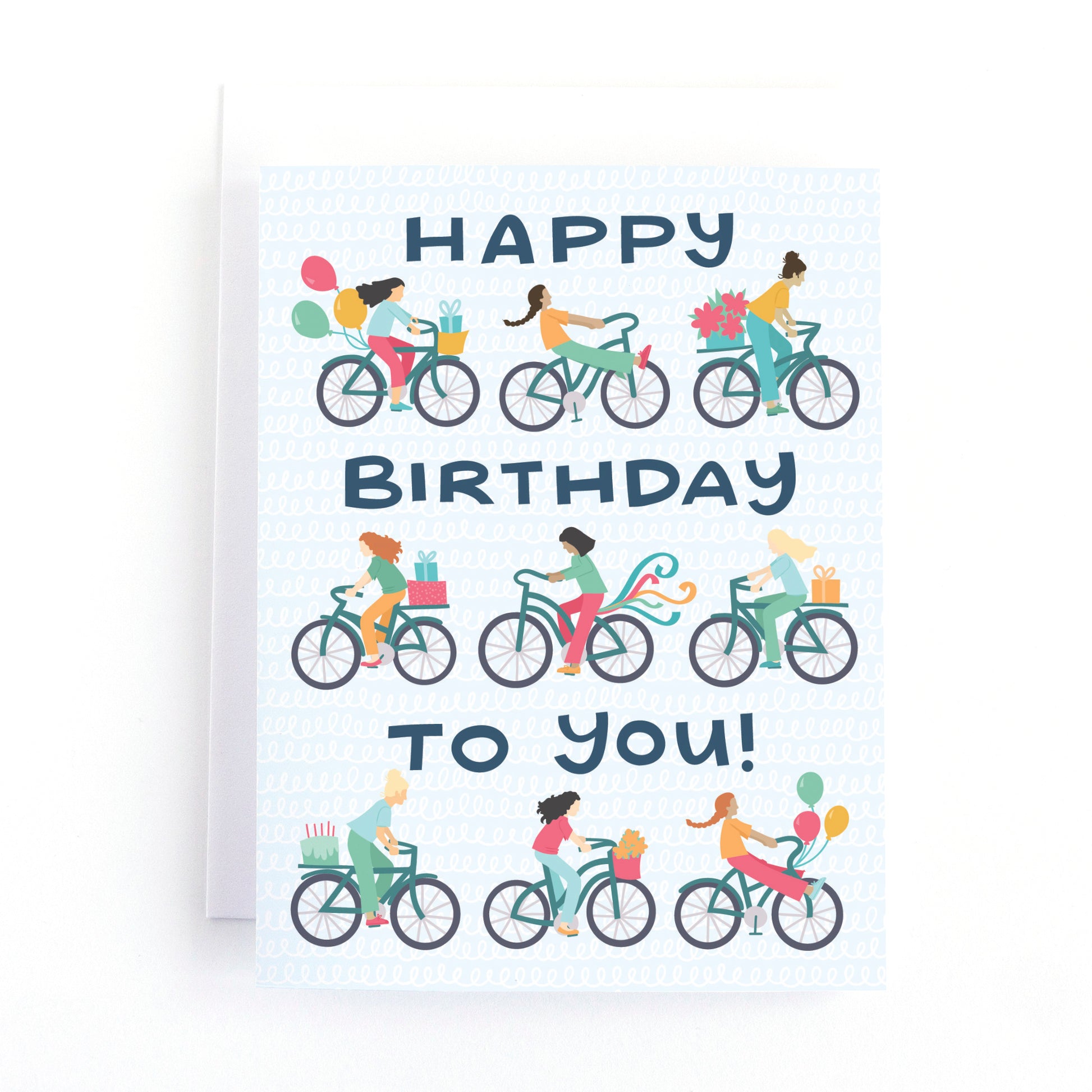 Bike themed birthday card for her with colourful illustrations of girls riding bikes with balloons, streamers and presents and the text, Happy Birthday to You!