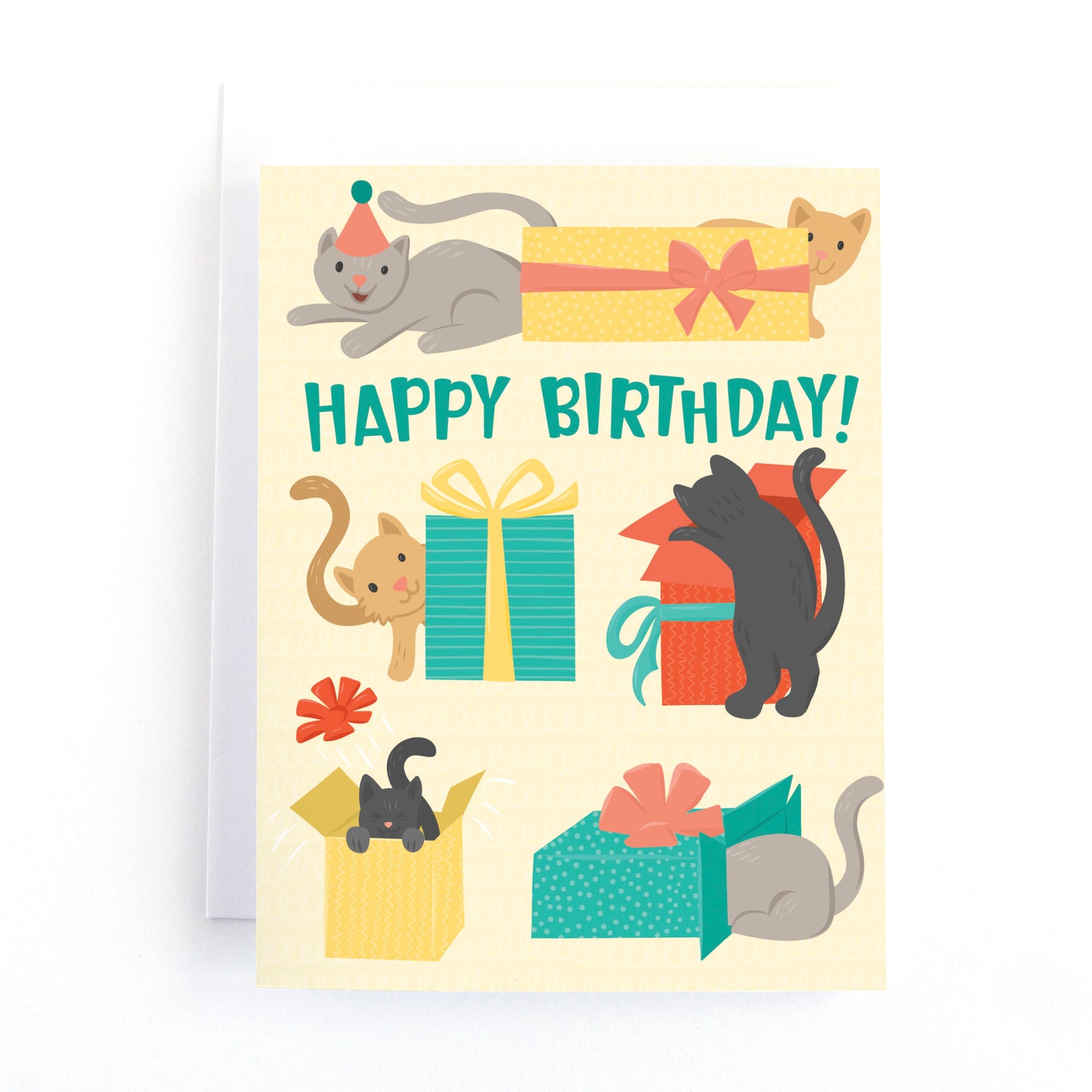 cat themed birthday card with playful cats plating in boxes and wrapped presents.