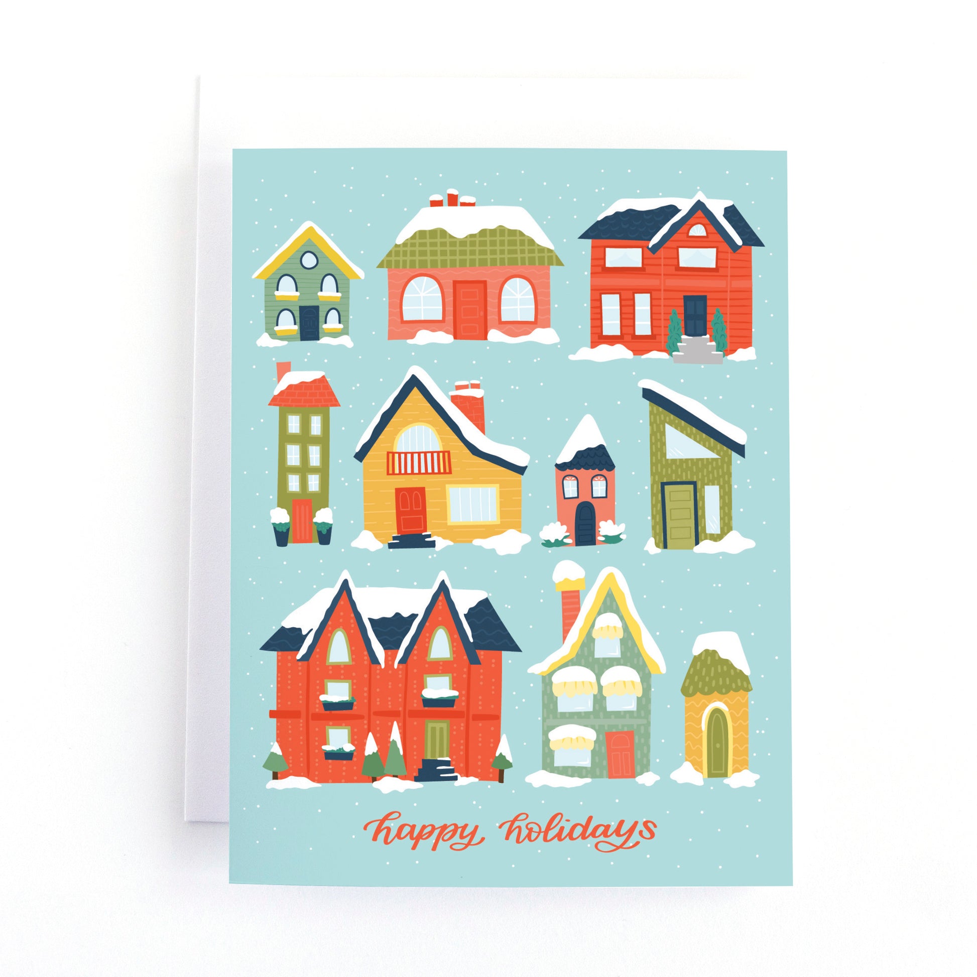 Christmas Holidays card with cute houses in a snowy scene with the greeting Happy holidays