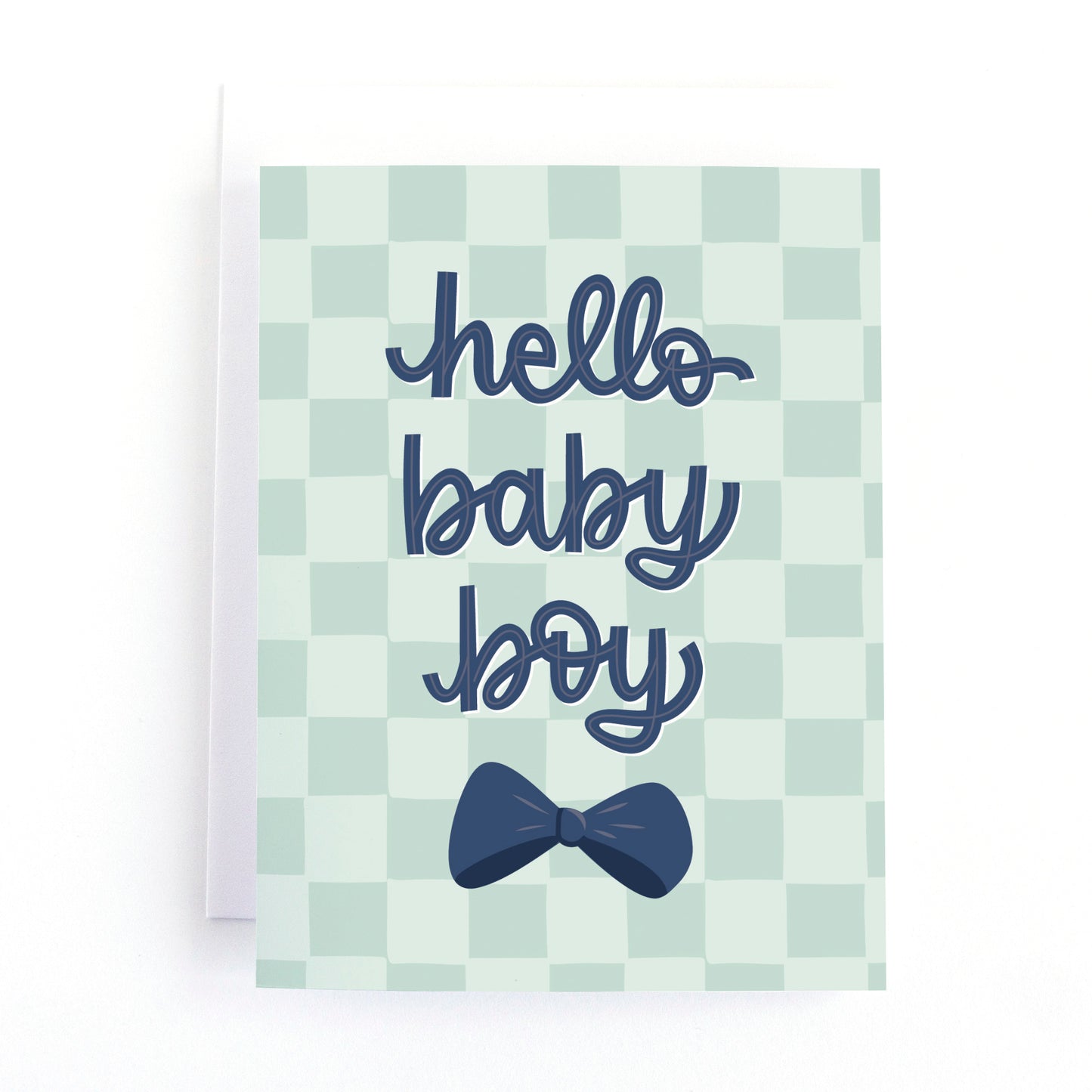 New Baby card for a baby boy with a bow tie on a checkered background and the text, Hello Baby Boy.