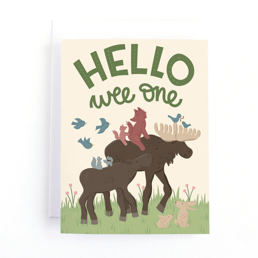 Woodland Themed new baby card with a parade of animals and the the text, Hello Wee one.