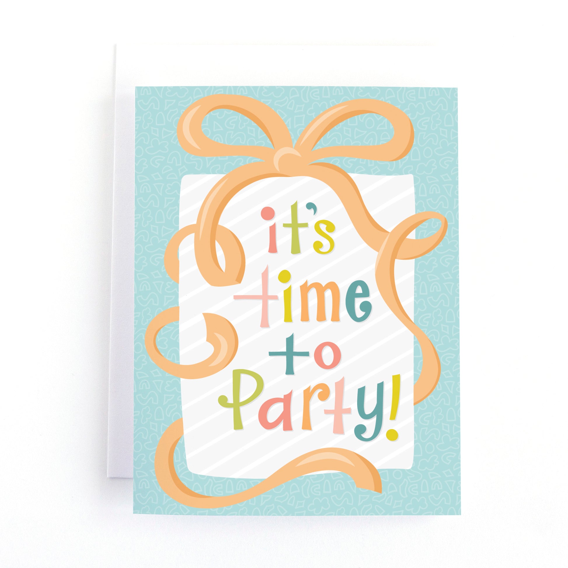 Birthday Card for her with present with a large bow and curly ribbon with the multi-coloured text, It's time to party!