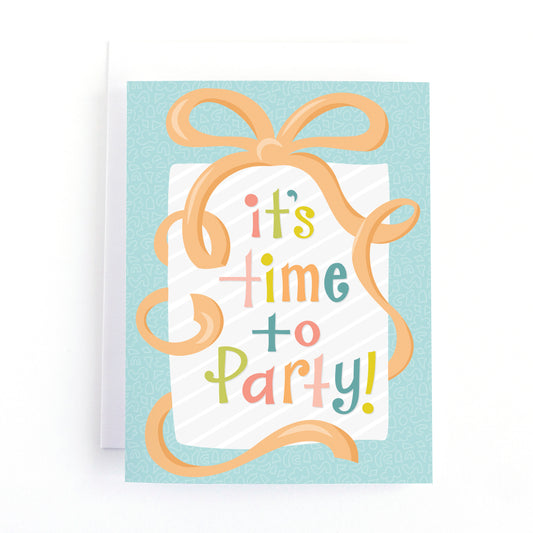 Birthday Card for her with present with a large bow and curly ribbon with the multi-coloured text, It's time to party!