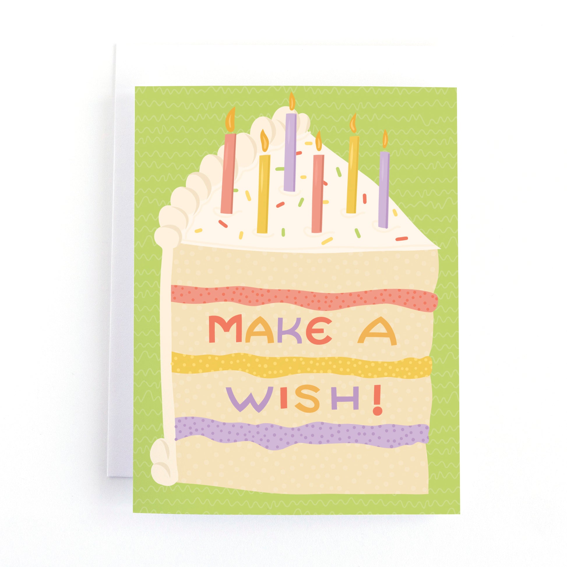 Colourful birthday card with an illustration of a slice of cake loaded with candles and the text, "make a wish!"