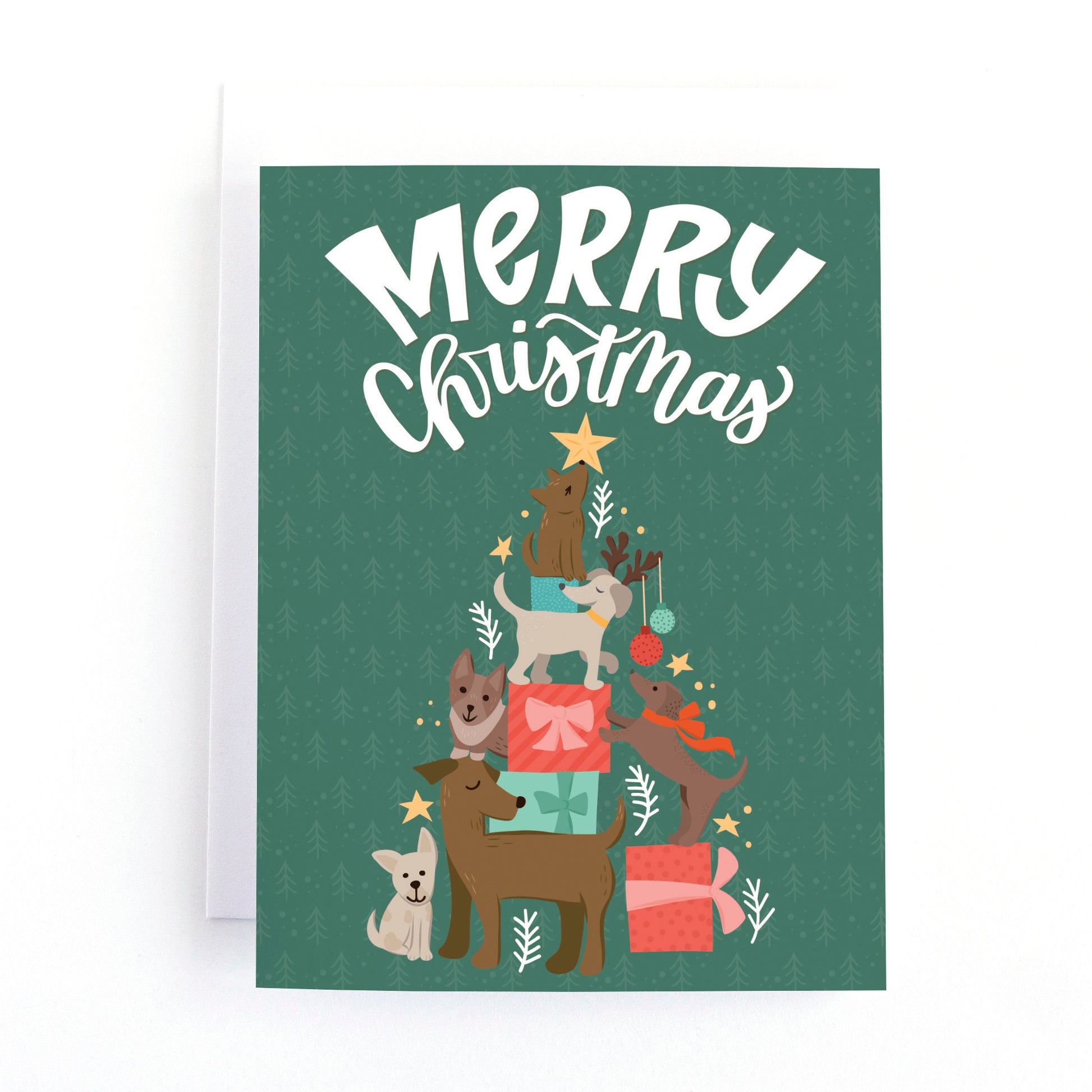 dog themed christmas card with illustrations of dogs and presents stacked up in the shape of a christmas tree and the text, Merry christmas