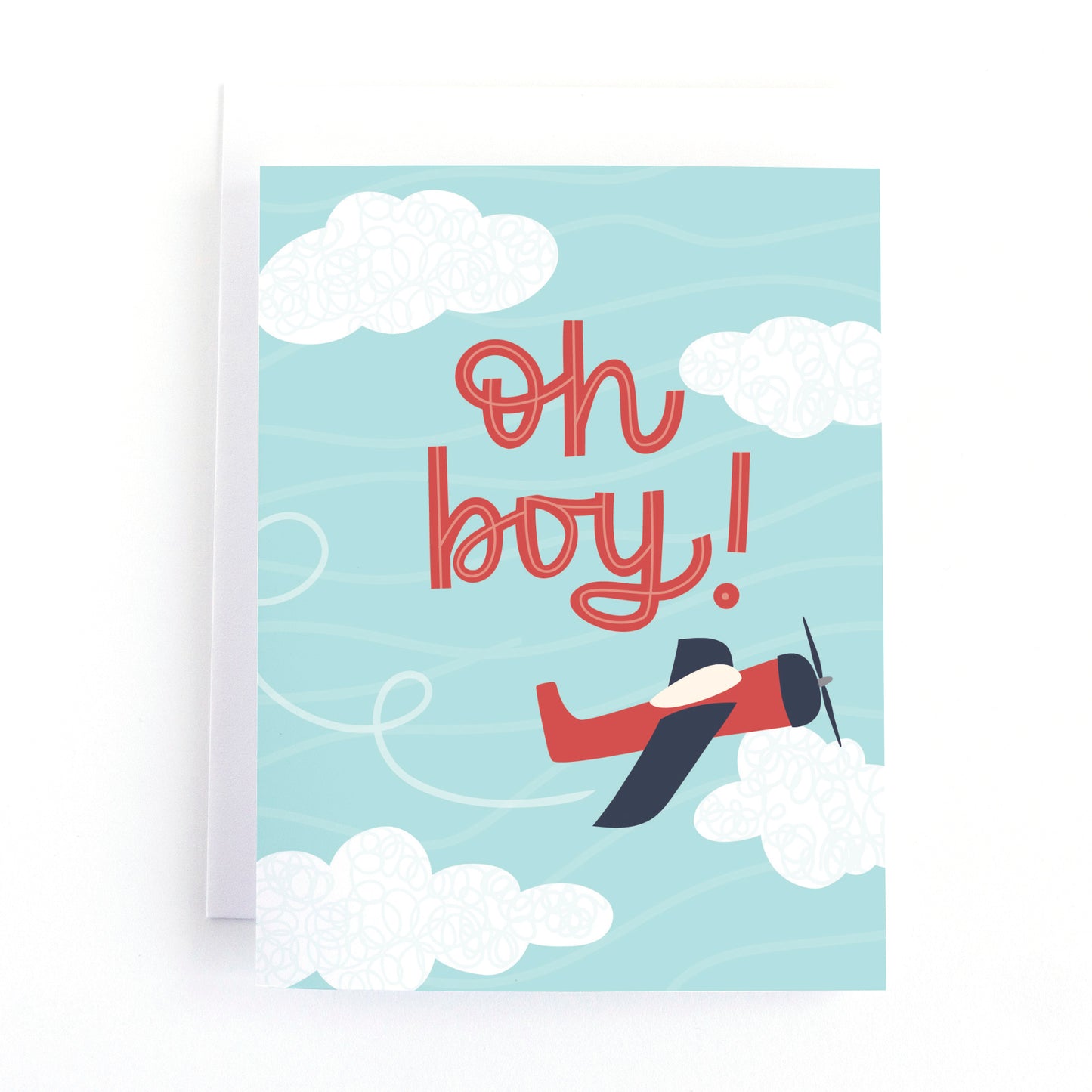 New Baby card for a boy with an airplane flying through the sky and the text Oh Boy!