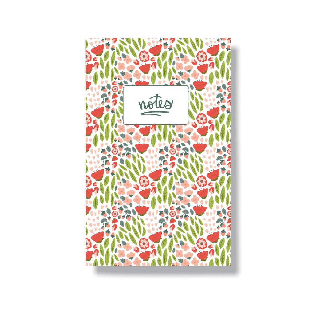 Strawberry and flowers themed notebook with a laminated cover and 60 lined pages. Sized at 5.5x8.5 inches.