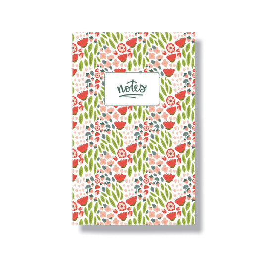 Strawberry and flowers themed notebook with a laminated cover and 60 lined pages. Sized at 5.5x8.5 inches.