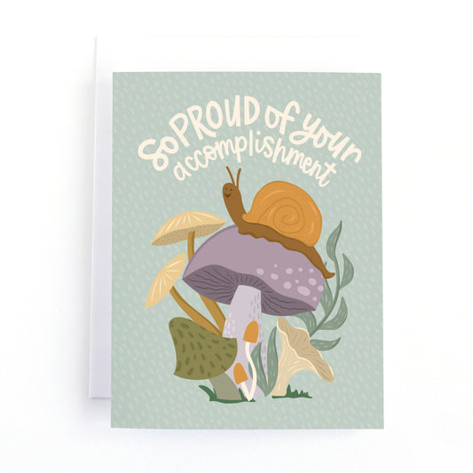 Greeting card with a snail and mushrooms illustration and text on a light green background