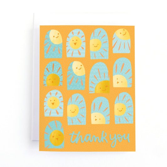 Thank you card with cute suns shining through arched windows.