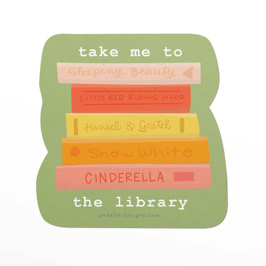 Book themed vinyl sticker with a colourful stack of books and the text, "take me to the library" on a green background.
