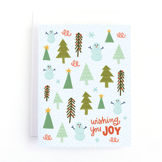 winter themed holiday card with simple illustrations of snowmen and christmas trees and the text, wishing you joy.