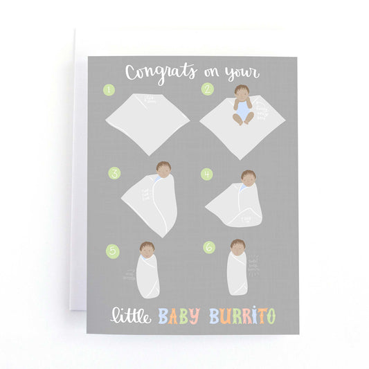 New baby card featuring an infographic on how to swaddle a newborn baby.