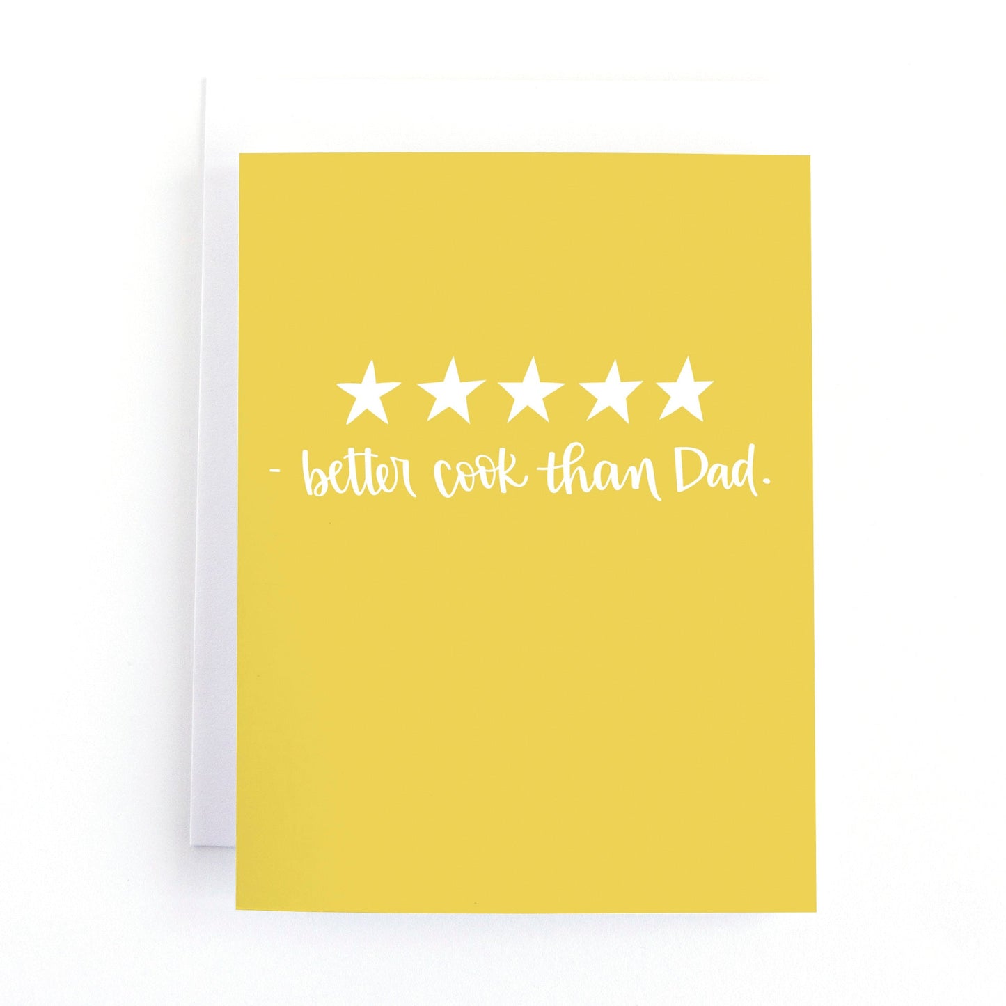 Mother's day card with a five star rating and tells your mom she is a better cook than dad on a yellow background