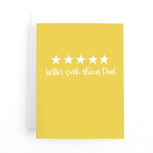 Mother's day card with a five star rating and tells your mom she is a better cook than dad on a yellow background
