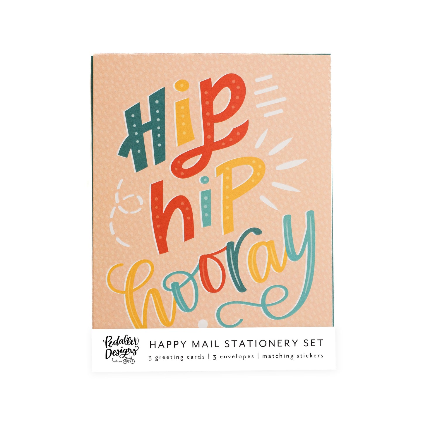 Playful stationery set with 3 matching greeting cards and a sheet of coordinating stickers.