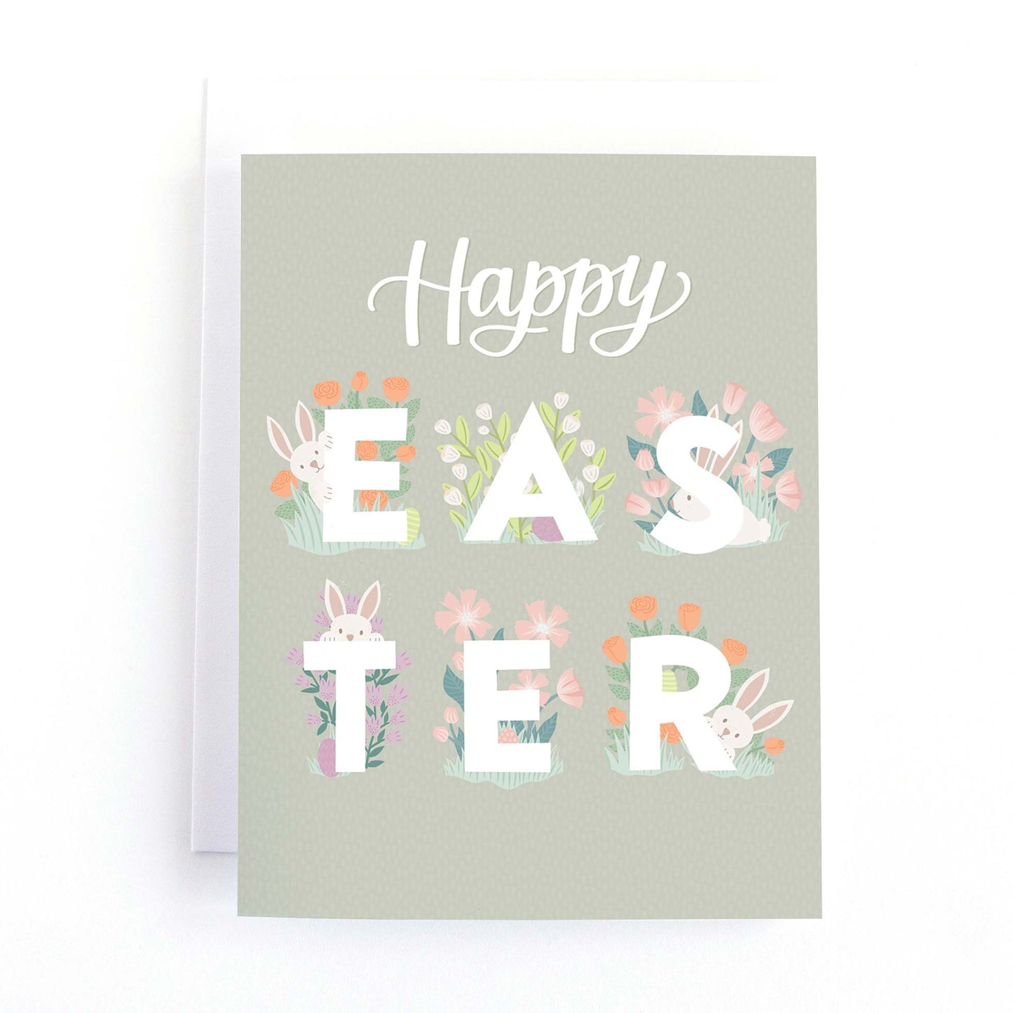 Eater card with cute easter bunnies playing hide and seek in the flowers surrounding the text, Happy Easter.