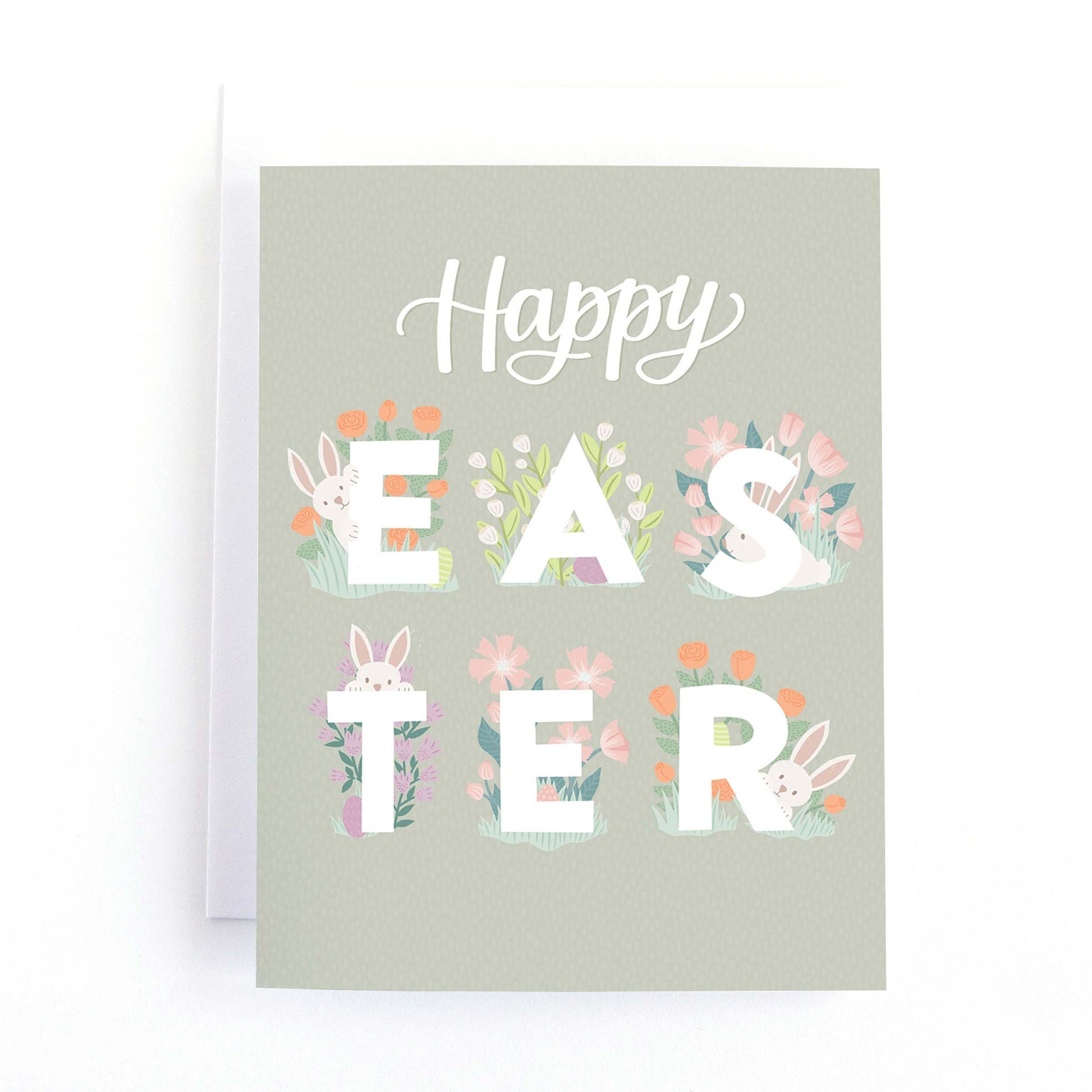 Eater card with cute easter bunnies playing hide and seek in the flowers surrounding the text, Happy Easter.