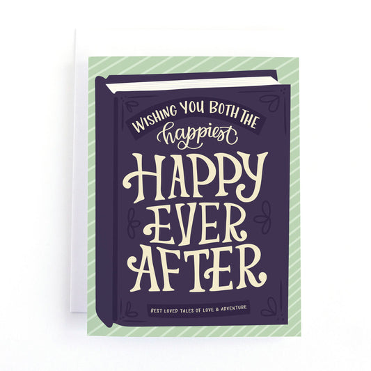 wedding card with the illustration of a storybook and the greeting, wishing you both the happiest happy ever after.