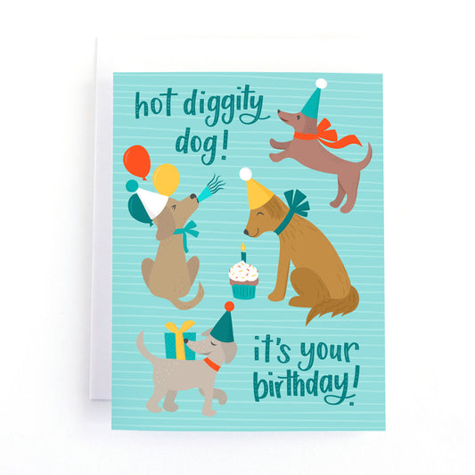 cute kids birthday card with dogs wearing party hats and the message, "hot diggity dog, it's your birthday!"