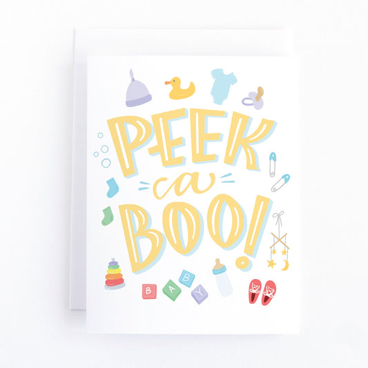 Baby Shower Card featuring the message, Peek a boo! with baby layette and nursery items illustrated in soft pastels