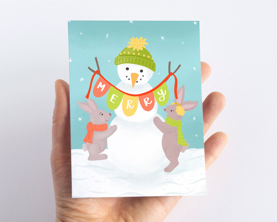 Merry Snowman & Bunnies Christmas Card