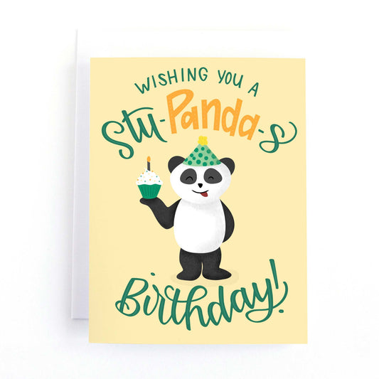 Cute kids birthday card with a Panda ready to party and a playful pun, Wishing you a Stu-Panda-s Birthday