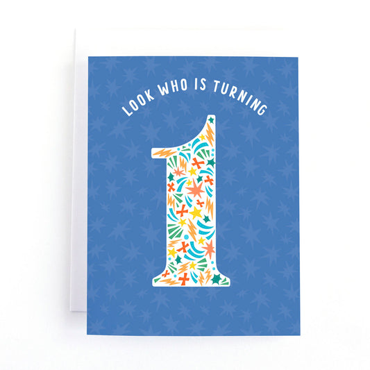 First brithday card in bold primary colours with and large number one filled with comic book doodles.