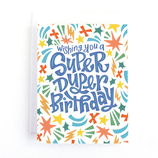 Vibrant kids super hero birthday card with the text, wishing you a super duper birthday surrounded by comic book themed doodles.