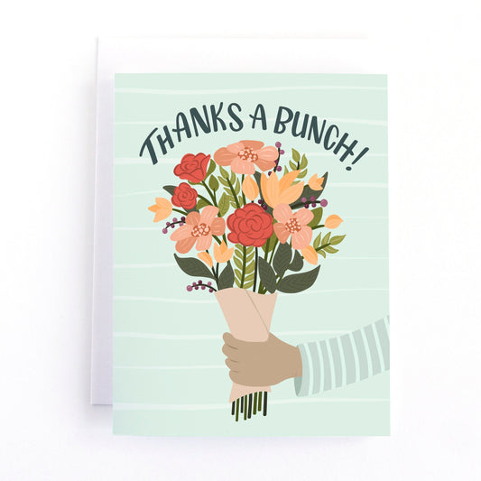 Thank you card with a hand holding a colourful bouquet of flowers on a mint green background and the text, Thanks a Bunch!