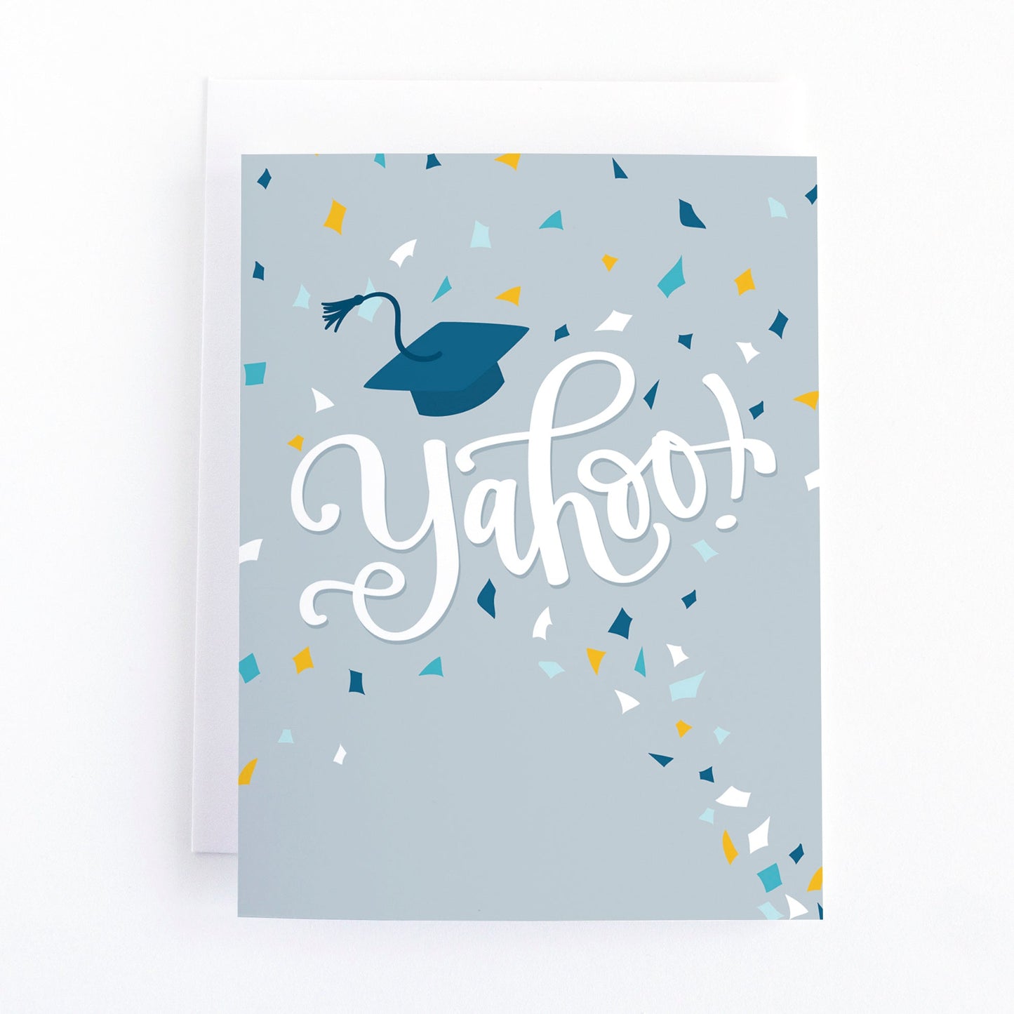Graduation card with a tossed graduation cap and confetti and the text, Yahoo!