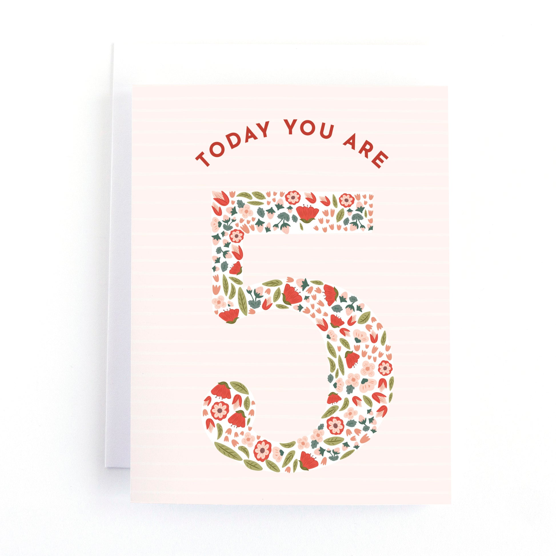 floral fifth birthday card for girls with tiny flowers and strawberries in the shape of a 5 on a blush pink background.