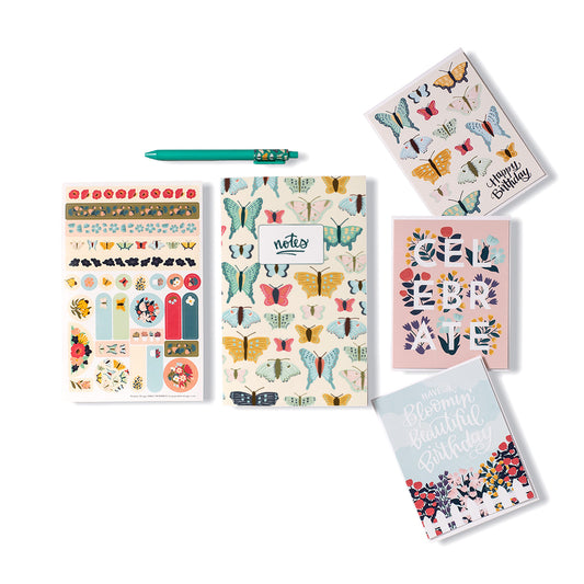 Stationery Gift Set for gardeners that contains a notebook, planner stickers, a gel pen and 3 birthday cards. All have beautiful hand drawn illustrations and come packaged in a mail friendly gift box.