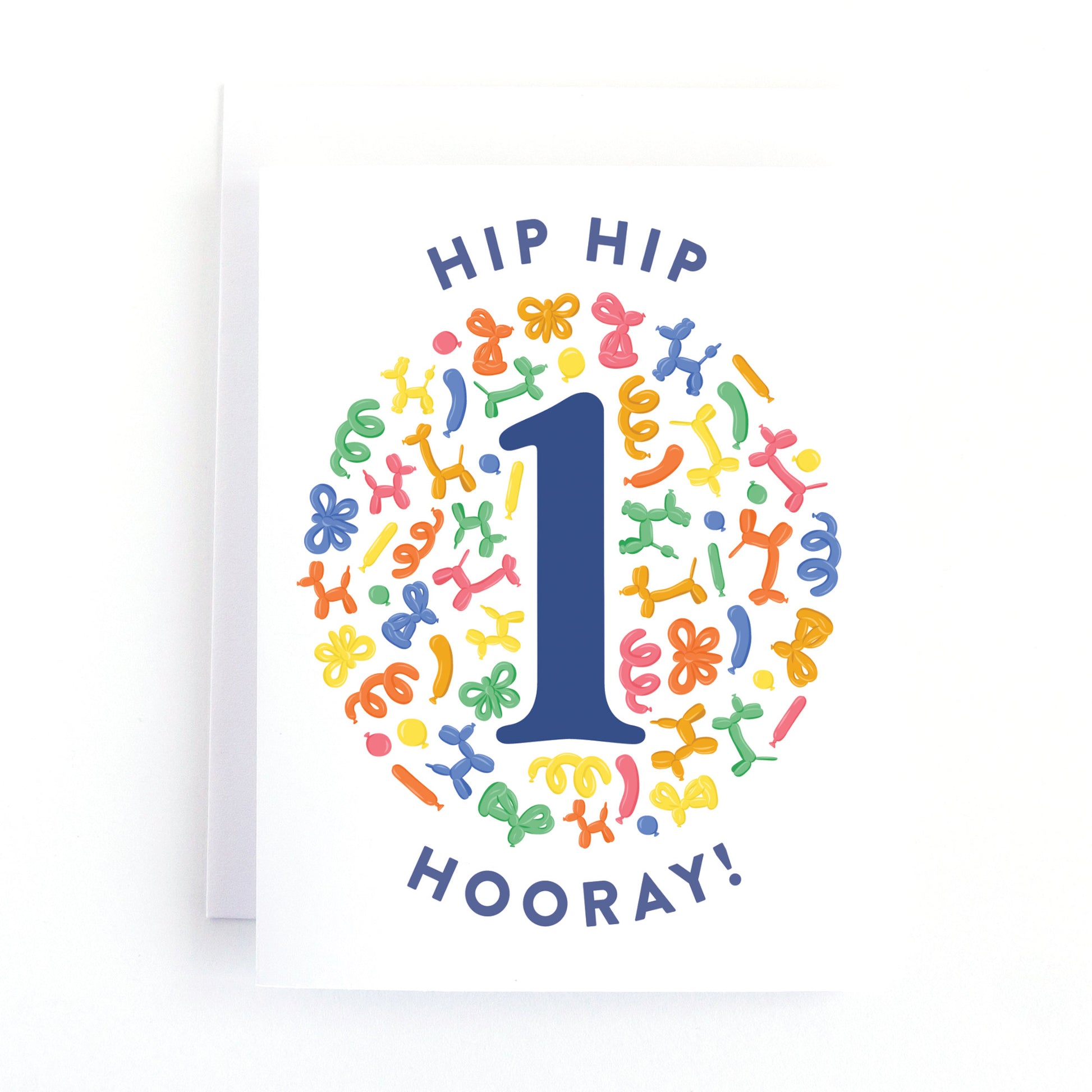 First birthday card with cute balloon animal illustrations surrounding the number 1 on a white background.