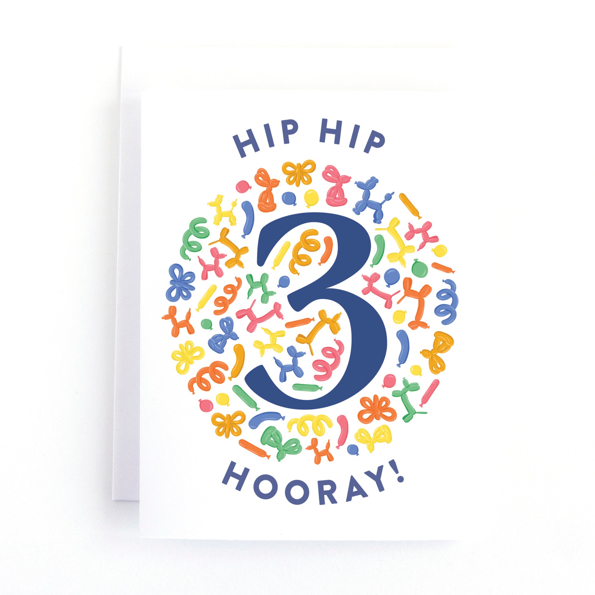 Children's Third birthday card with colourful balloon animal illustrations surrounding the number 3.
