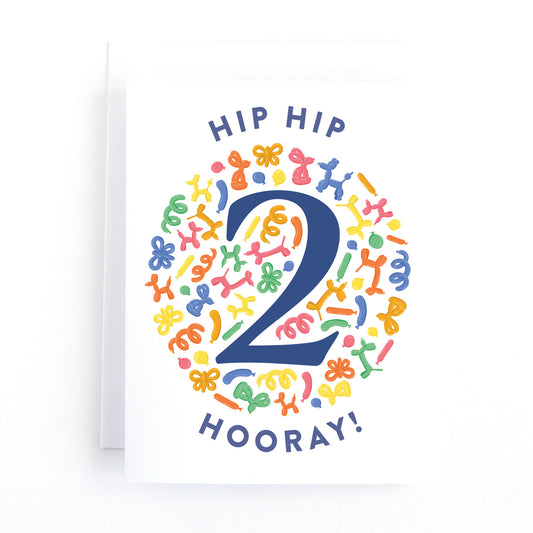 Second birthday card for kids with playful balloon animal illustrations surrounding the number 2.
