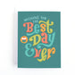 birthday card featuring colourful hand lettering in a retro style the text, wishing you the best day ever and a mini cupcake icon.