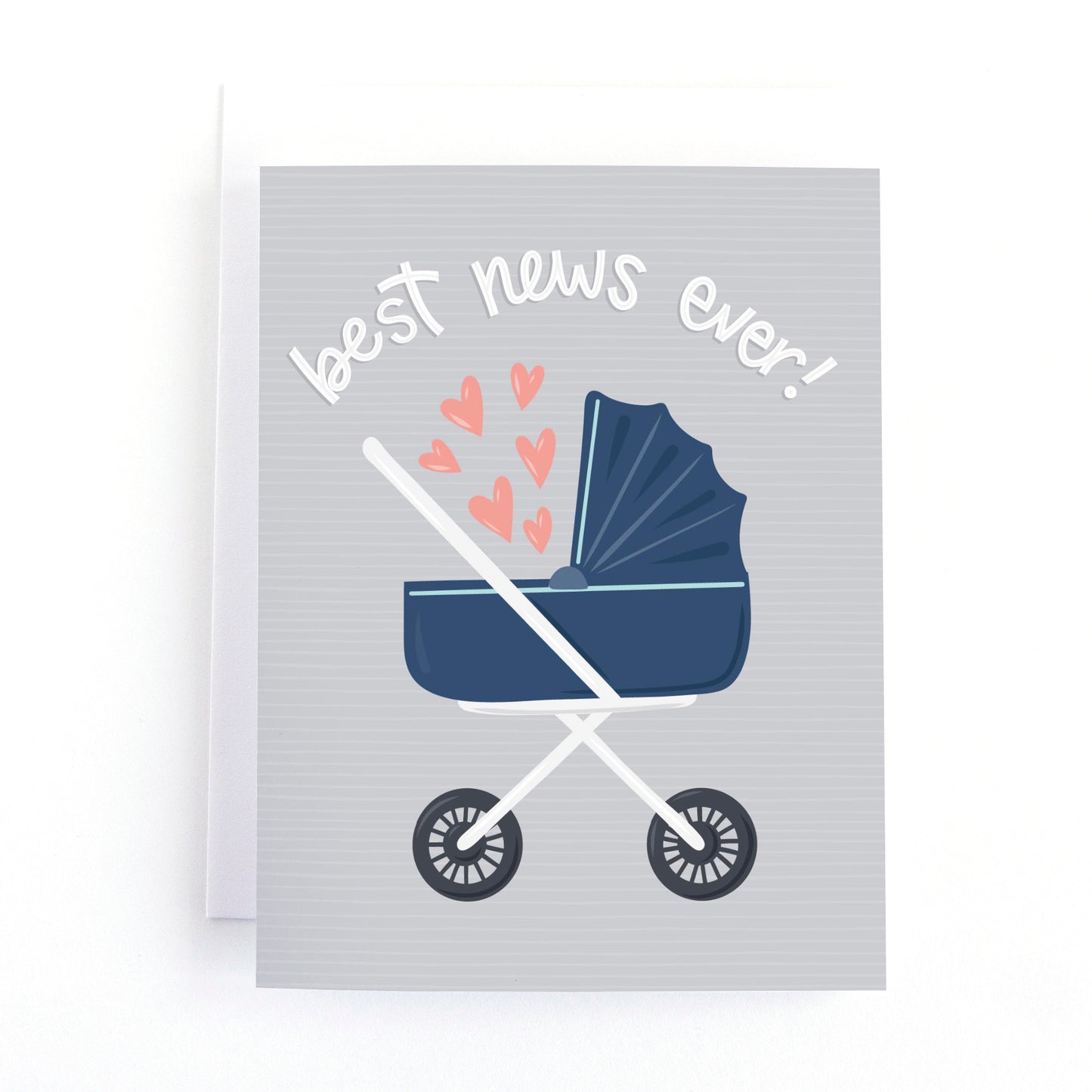 gender neutral baby card with a modern blue baby pram surrounded by hearts on a grey background and the message, best news ever!